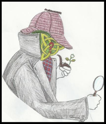 Hand-drawn illustration of Sherlock Holmes' emblematic overcoat, hat, and pipe with Celtic knotwork.